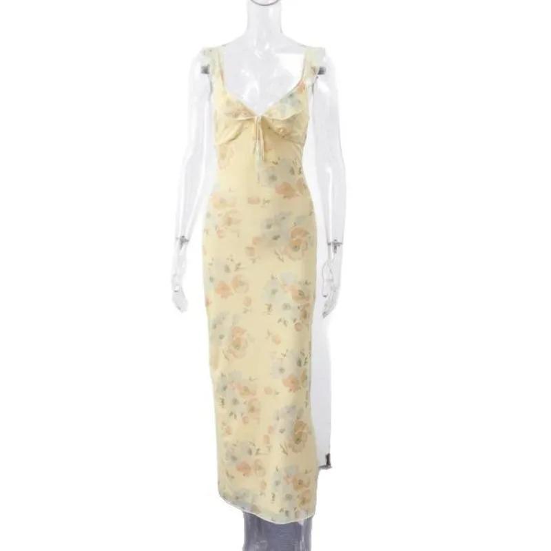 Summer Flower Printed Women's Sexy Low Cut Dress Sleeveless Backless Slim Sling Dresses Beach Vacation Lady Vestidos