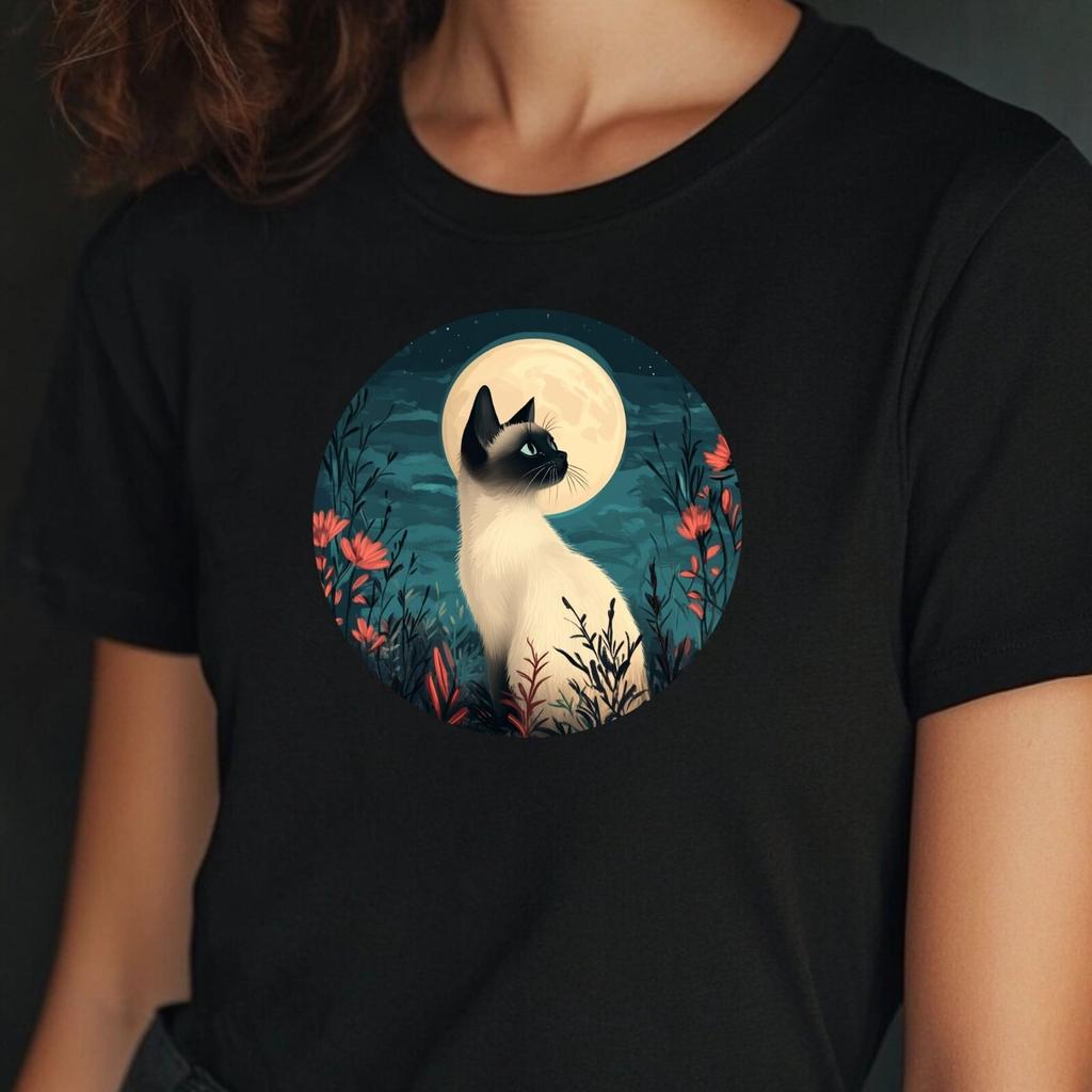 T-Shirt Frauen Siamkatze bei Vollmond Motiv Baumwolle Größe S bis 3XLWird in neuem Fenster oder Tab geöffnet