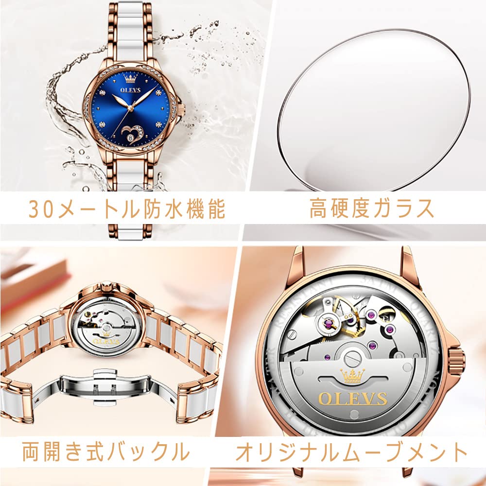 OLEVS Stylish Mechanical Wristwatch with Ceramic and Rose Gold Date Luminous Blue Women's Band, Crystals, Easy-to-Read Dial, Display, Waterproof,