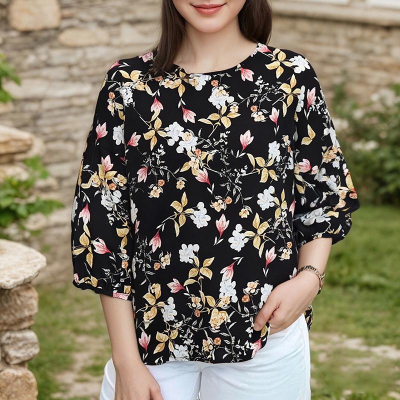 

ZANZEA Женская повседневная блузка с круглым вырезом и рукавами 3/4, свободная летняя с принтом 5XL чёрный