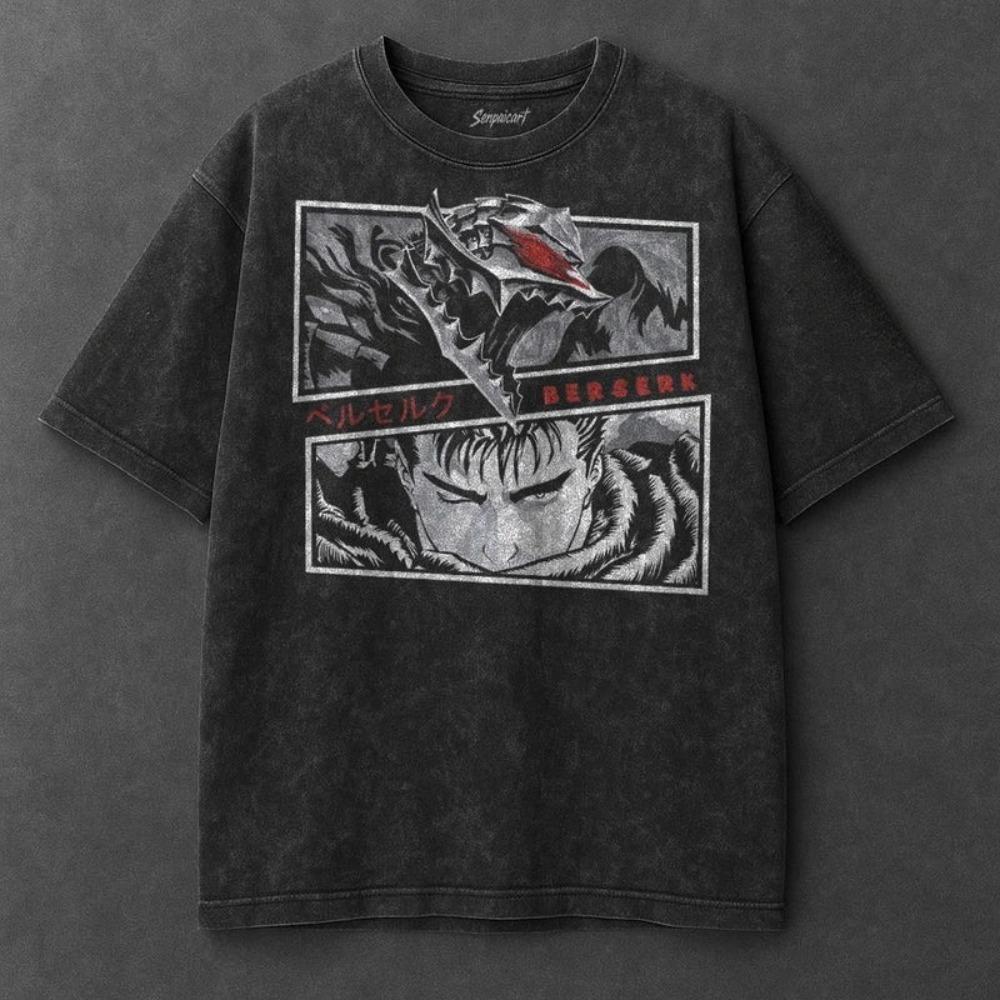 Übergroßes Vintage-Kurzarm-T-Shirt im Acid-Wash-Look mit grafischem Print der beiden Hauptprotagonisten Berserk Guts & Griffith L gray