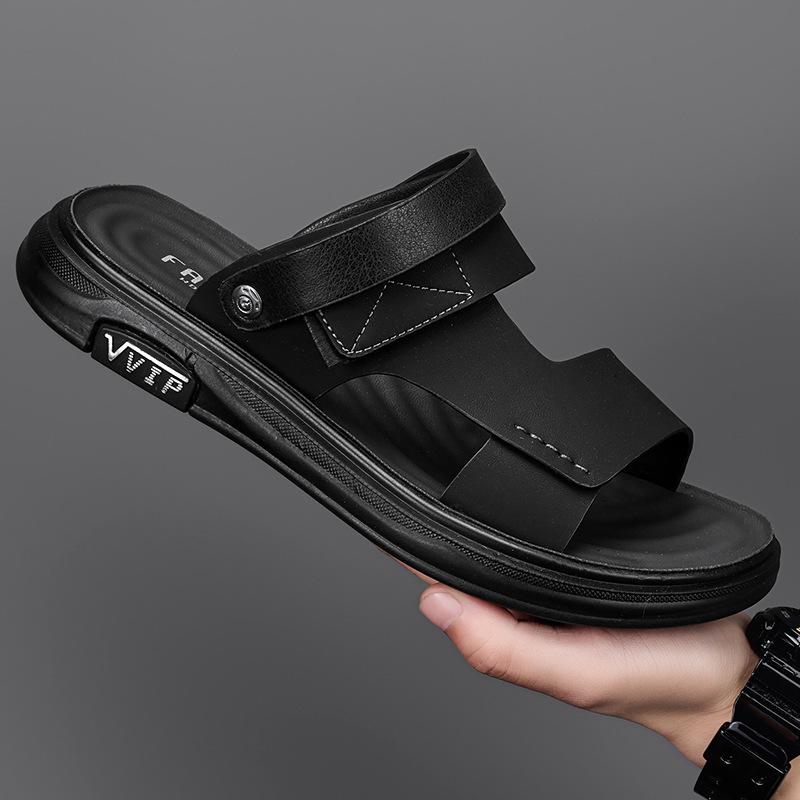High-end Leather Sandals, Men's Outer Wear, Summer New Fashion, One Shoe or Two, Wear Thick-soled, One-word Cool Slippers