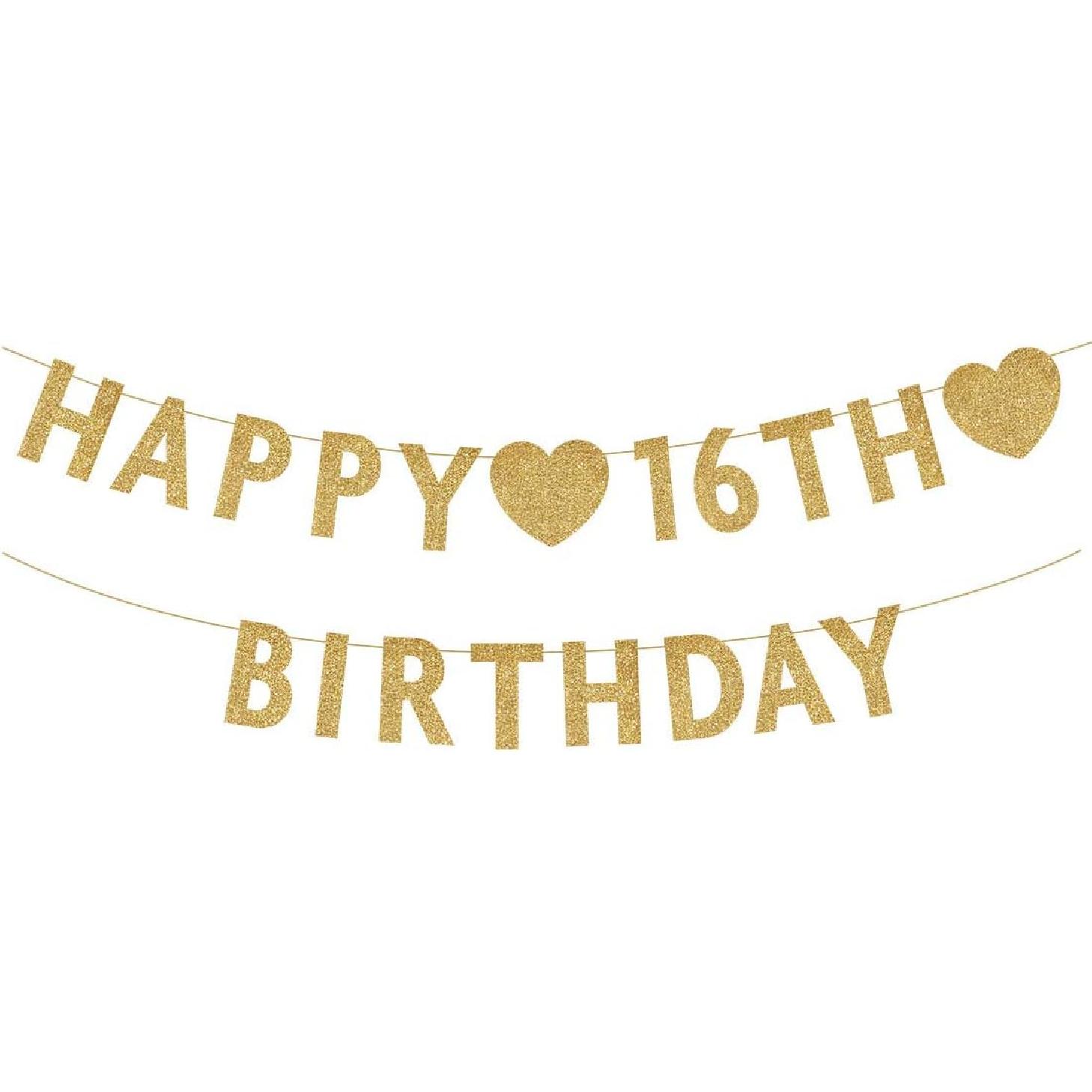 Gold 16 Year Loved Banner, Gold Glitter Happy 16th Birthday Party Decorations, Supplies GOLD-HAPPY
