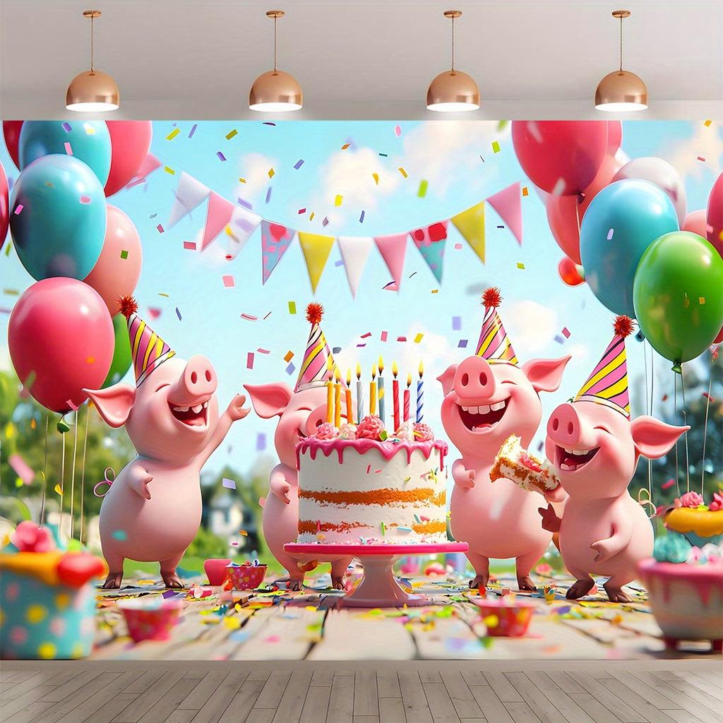 Un telo di sfondo per la festa di compleanno di un maialino carino - decorazioni colorate per photo booth realizzate in materiale poliestere
