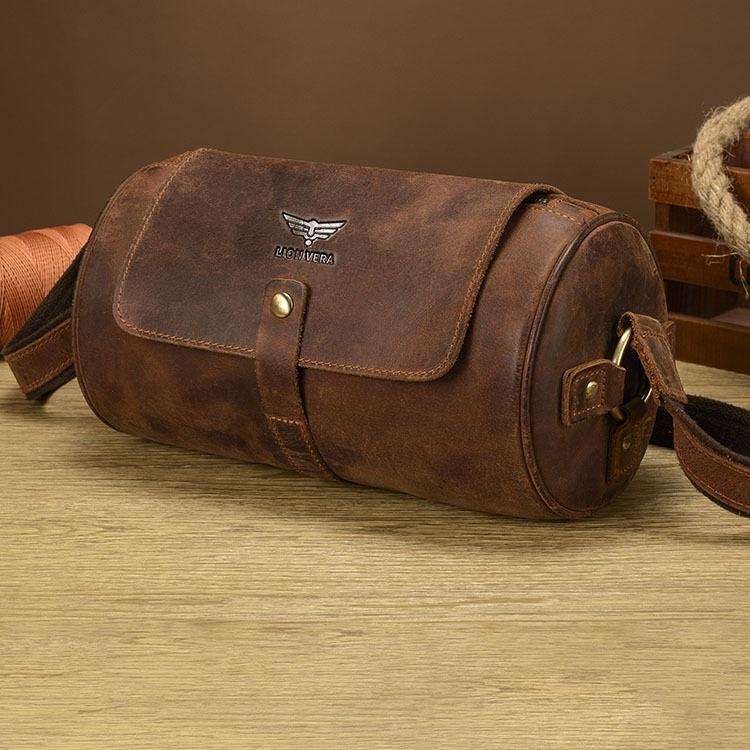 Borsa a tracolla da uomo in pelle Crazy Horse a forma di barile Borsa a tracolla cilindrica retrò per moto