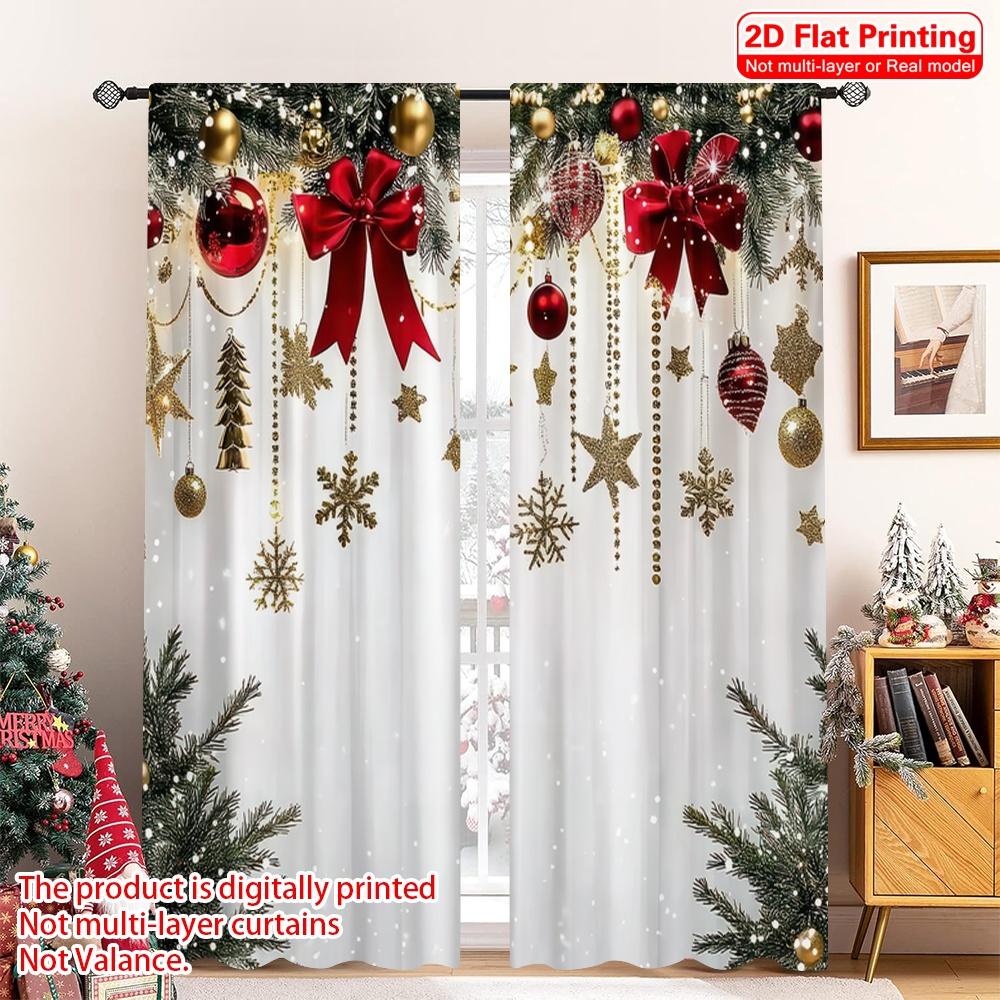 2D Flat Printing 2pcs Merry Christmas Curtain Red Bow Durable 100% Polyester Fabric Without Electricity Spring Party & Holiday