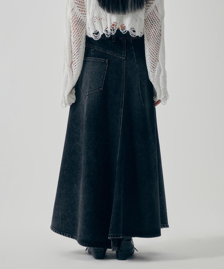 Teulimingbeodeu Panel Line Denim Flare Skirt [ Black ]