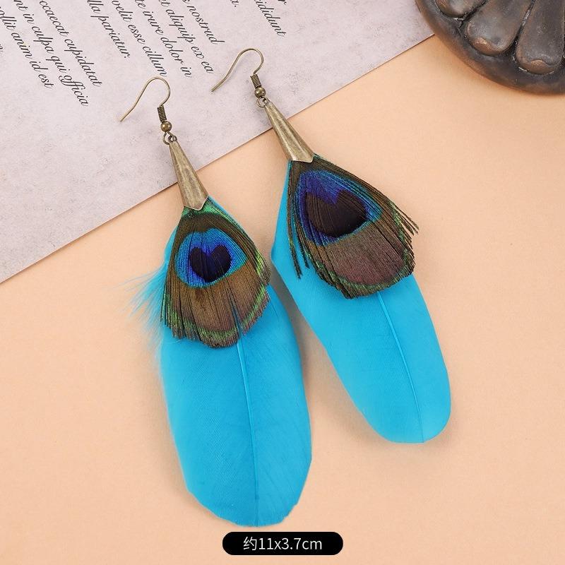 Retro Peacock Feather Fringed Earrings Women's Bohemian Fashion Elegant Temperament Versatile Long Earrings
