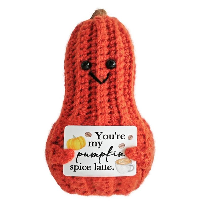 Handmade Knitted Pumpkin Ornament Home Room Decoration Funny Crochet Emotional Support Pumpkin Doll With Card Halloween Gifts