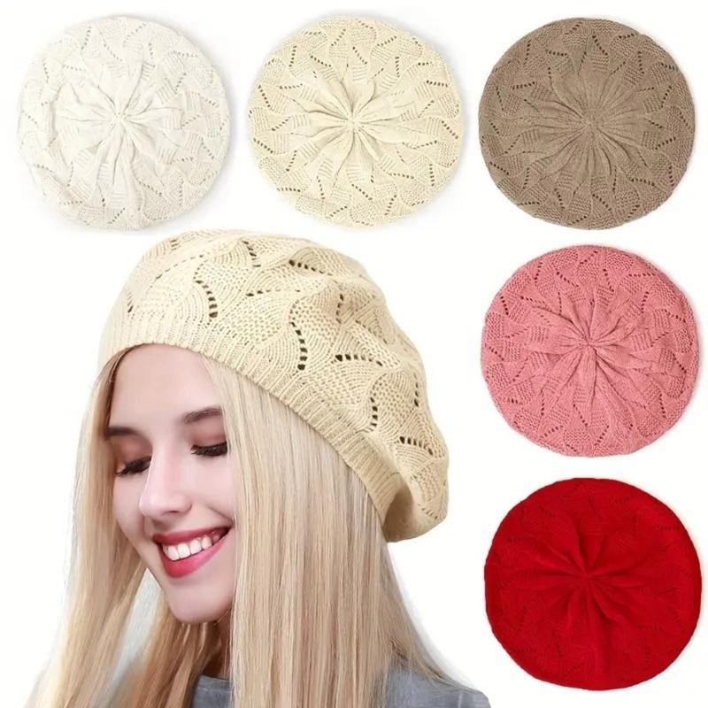 Elastic Stretchy Hollowed Beret Cap Breathable Lady Casual Painter Hat For Office Women and Teens Girl Everyday Wear