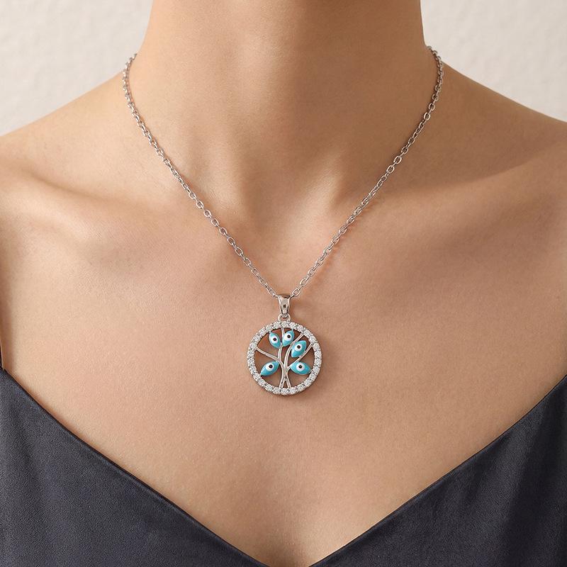 Silver Tree of Life Necklace with Blue Evil Eye Pendant, Ideal for Women’s Daily Wear and Festive Gifts