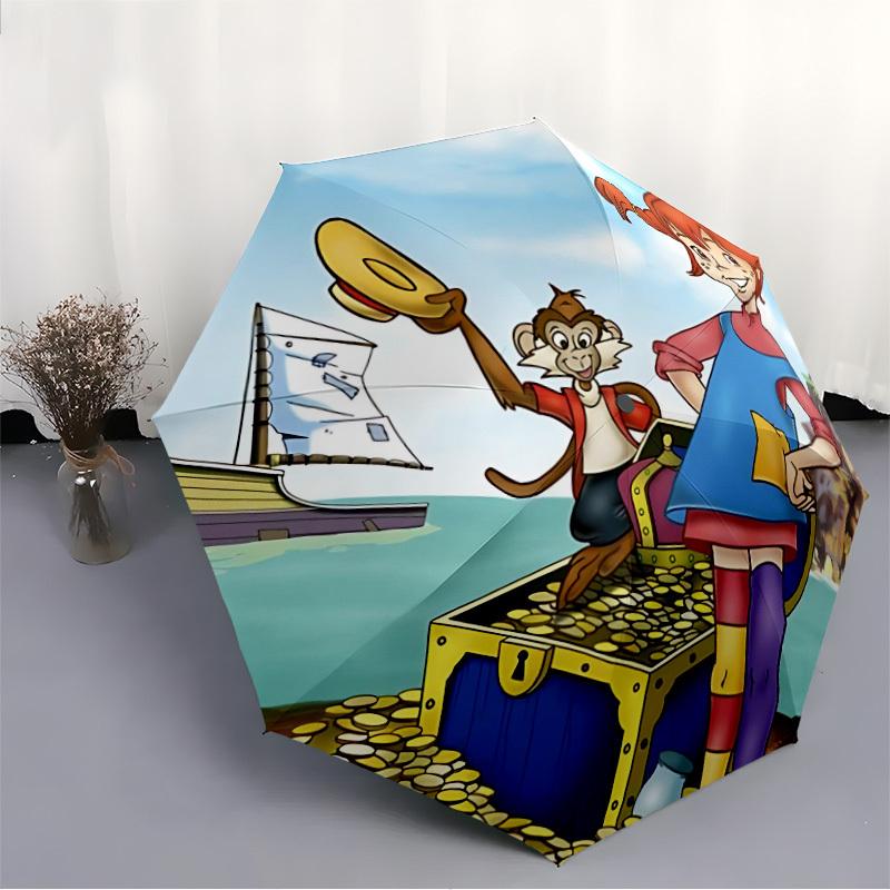 1pc Pippi Longstocking Automatic Folding Umbrella - Compact 8-Rib Design, Durable Plastic & Iron, Daily Use Z1230054