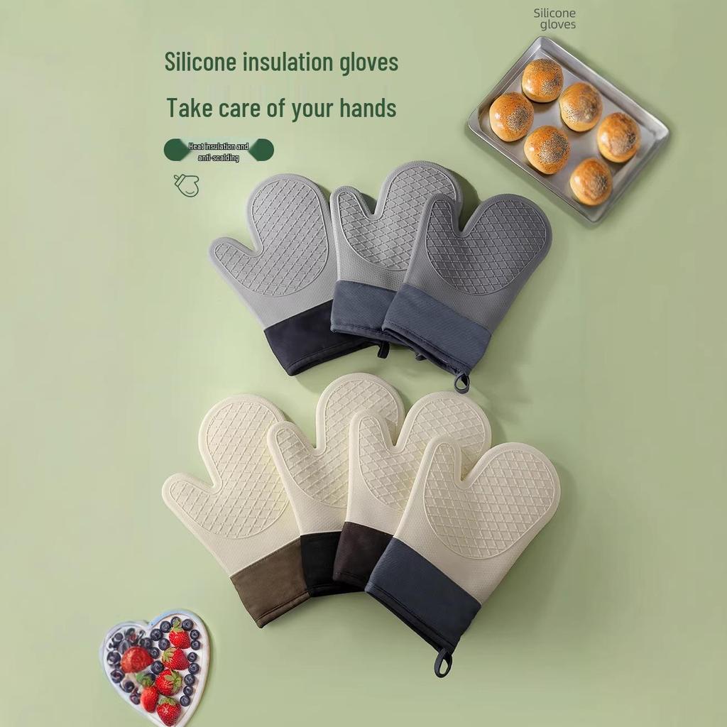 Silicone Heat-Resistant Anti-Slip Oven Gloves with Cotton Lining and Diamond Pattern
