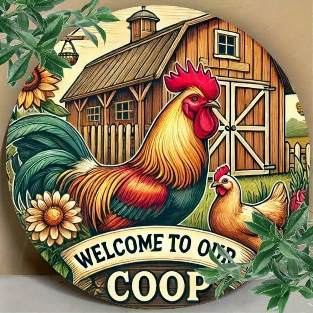Vintage Metal Tin Sign Chicken Wall Decor for Bar Pub Kitchen Farmhouse Round Plaque