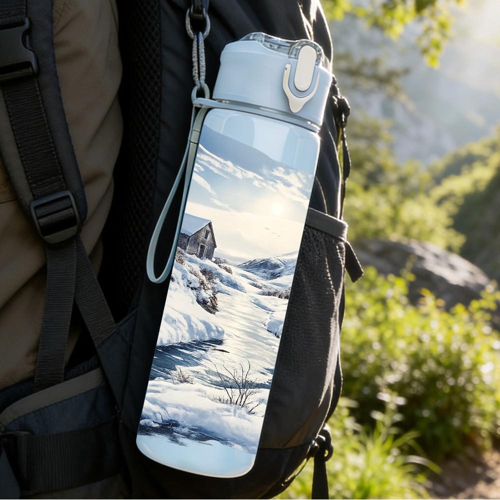 1PC Snow Mountain Lake Winter Landscape Print 750ml Color Plastic Sports Water Bottle Leakproof Flip Straw Lid Suitable for Sports Office Home Use