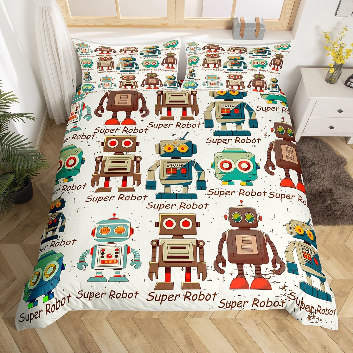 Filtration Facilities Unisex Robot Soft Duvet Cover Set Carton Space Robot Beding Set Patchwork Transformer Futuristic Machine Warm Comforter Cover Twin Ful For Boy