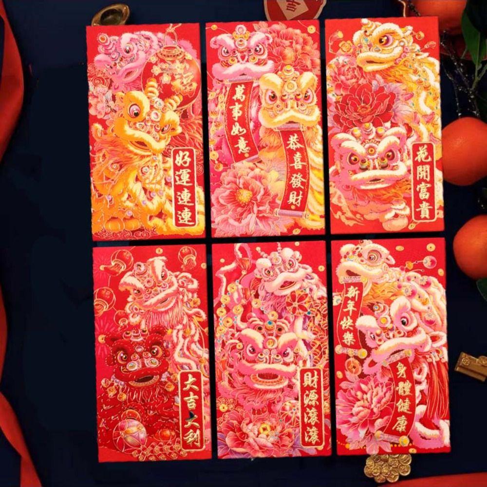 6pcs Hot Stamping Lucky Money Bag Mixed Pattern Red Packet Chinese New Year Red Envelope 2025