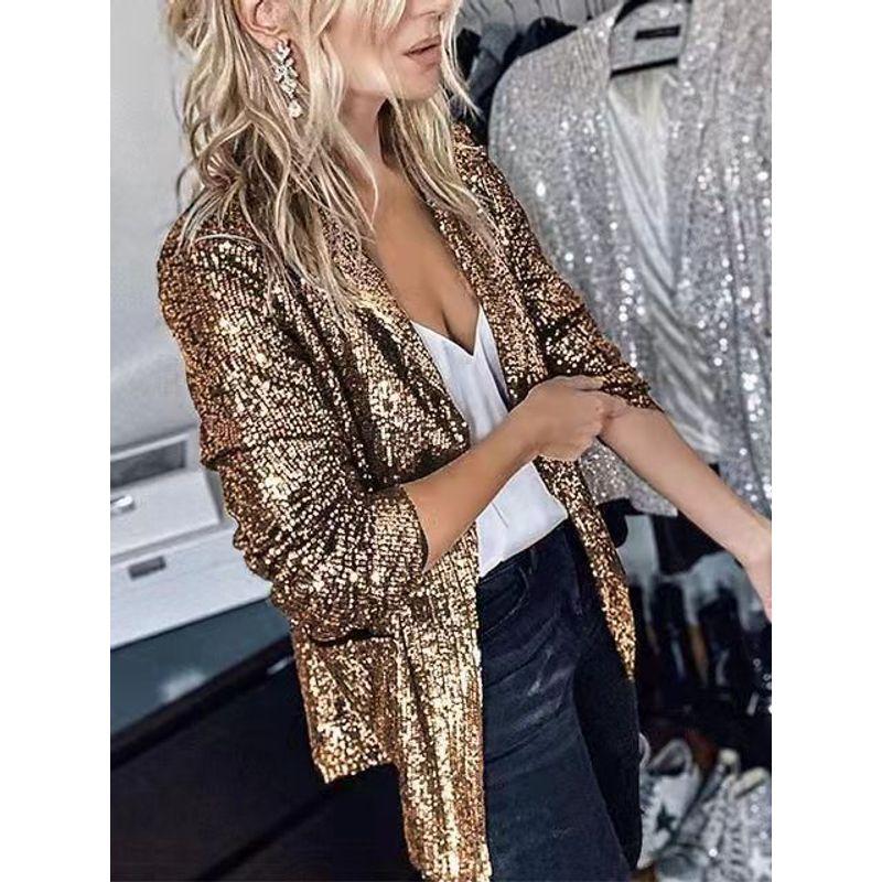 

Spring Fashion Sequin Long Sleeves Elegant Small Suit Outwear Women Elegant Sequin Dress Gold S