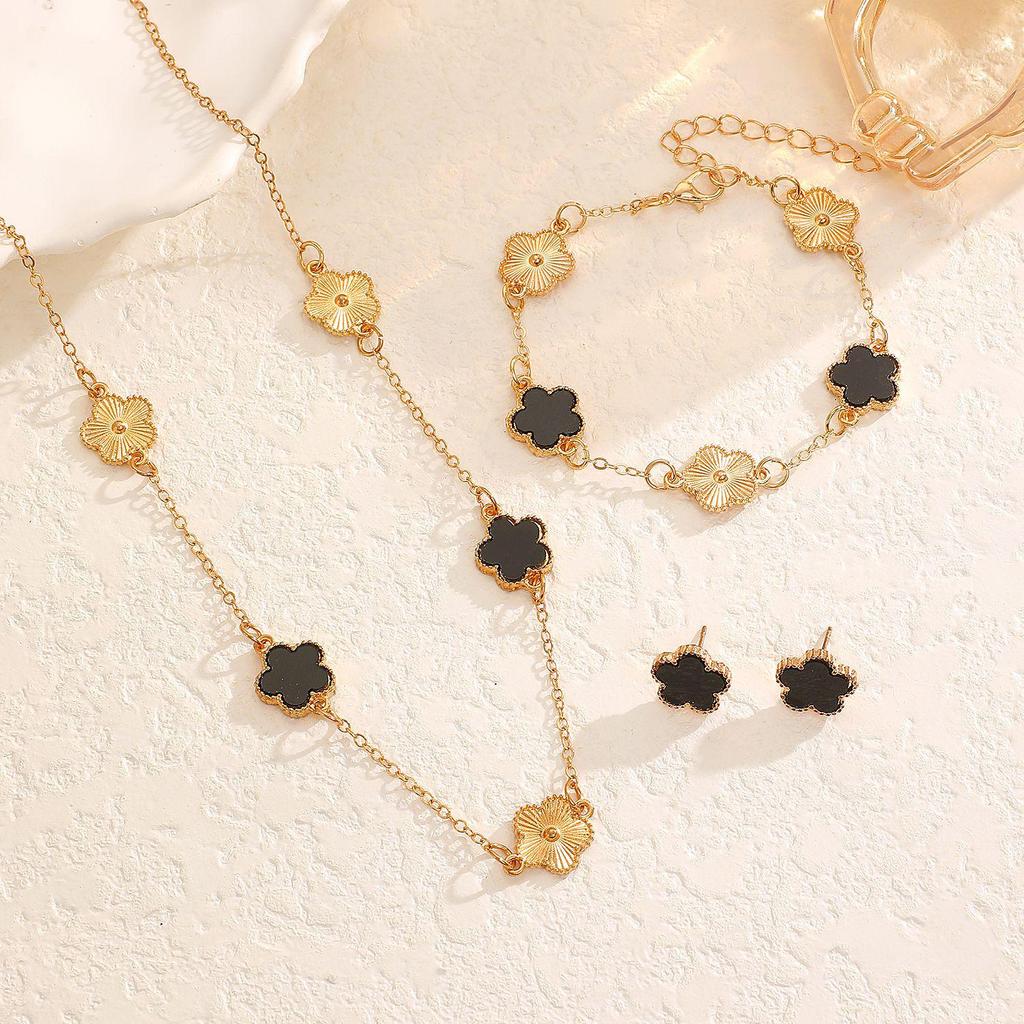 European and American Hot-Selling Lucky Clover Jewelry Set: Five-Leaf Bracelet, Earrings, Necklace & Ring for Women