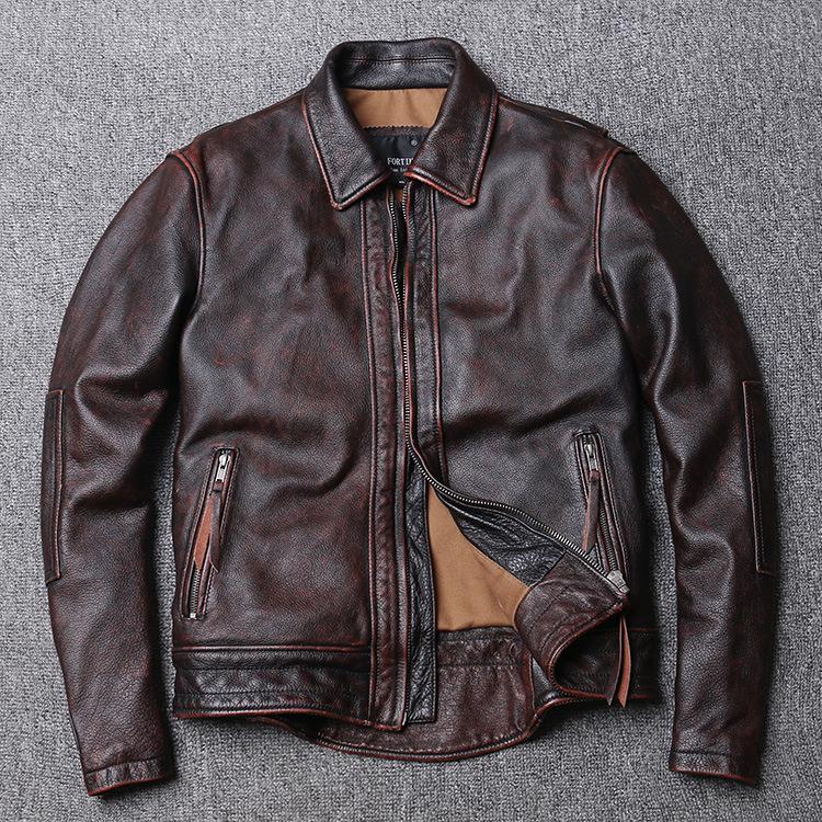 Spring and Autumn New May Khaki Brown Vintage To Do Old First Layer Cowhide Leather Leather Men's Motorcycle Tuxedo