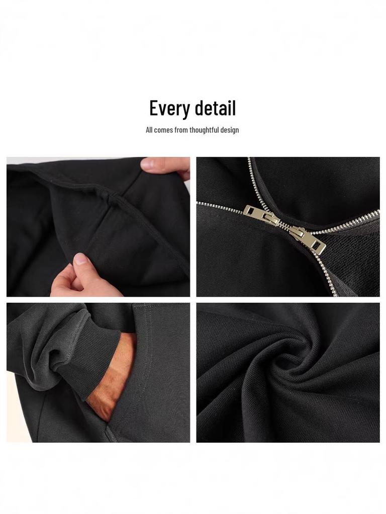 Double Zipper Hooded Cardigan, 420g Large European Size, 100% Cotton, Spring/Autumn, Trendy Loose Jacket