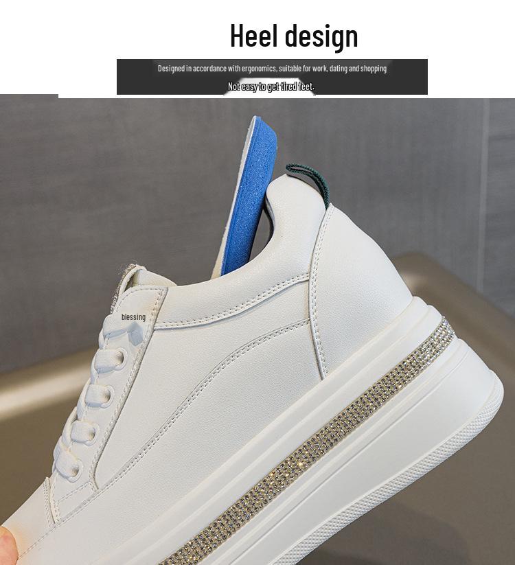 Women's White Platform Sneakers with Rhinestone Elastic Laces - Genuine Leather, Thick Sole, 7cm Height Boost, Lightweight & Versatile.