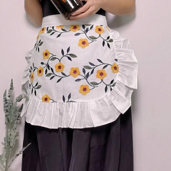 Cotton Half Apron with Daisy Print & Lace Hem Breathable Adjustable