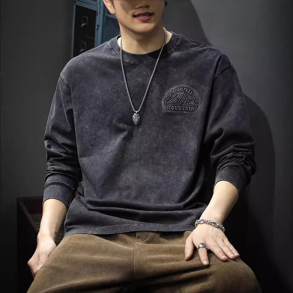 American Retro Tie-Dye Printed Men'S Sweater Autumn Trendy Brand Heavy Washed Long-Sleeved T-Shirt Loose Cotton Top