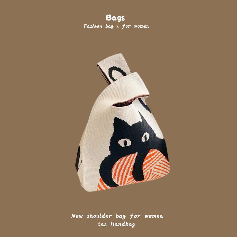 Ins Trendy Handbag Women'S Knitted Wool Bucket Bag Hand Carry Casual Tote Bag Box Lunch Bag