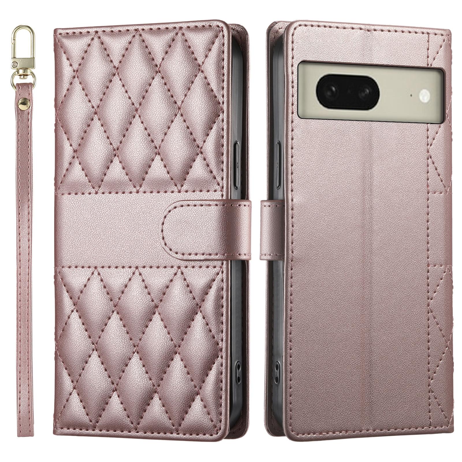 

Для Google Pixel 8 Чехол Ромбовидная прострочка Кошелек Подставка Кожаный чехол для телефона с длинным/коротким ремешком Rose Gold