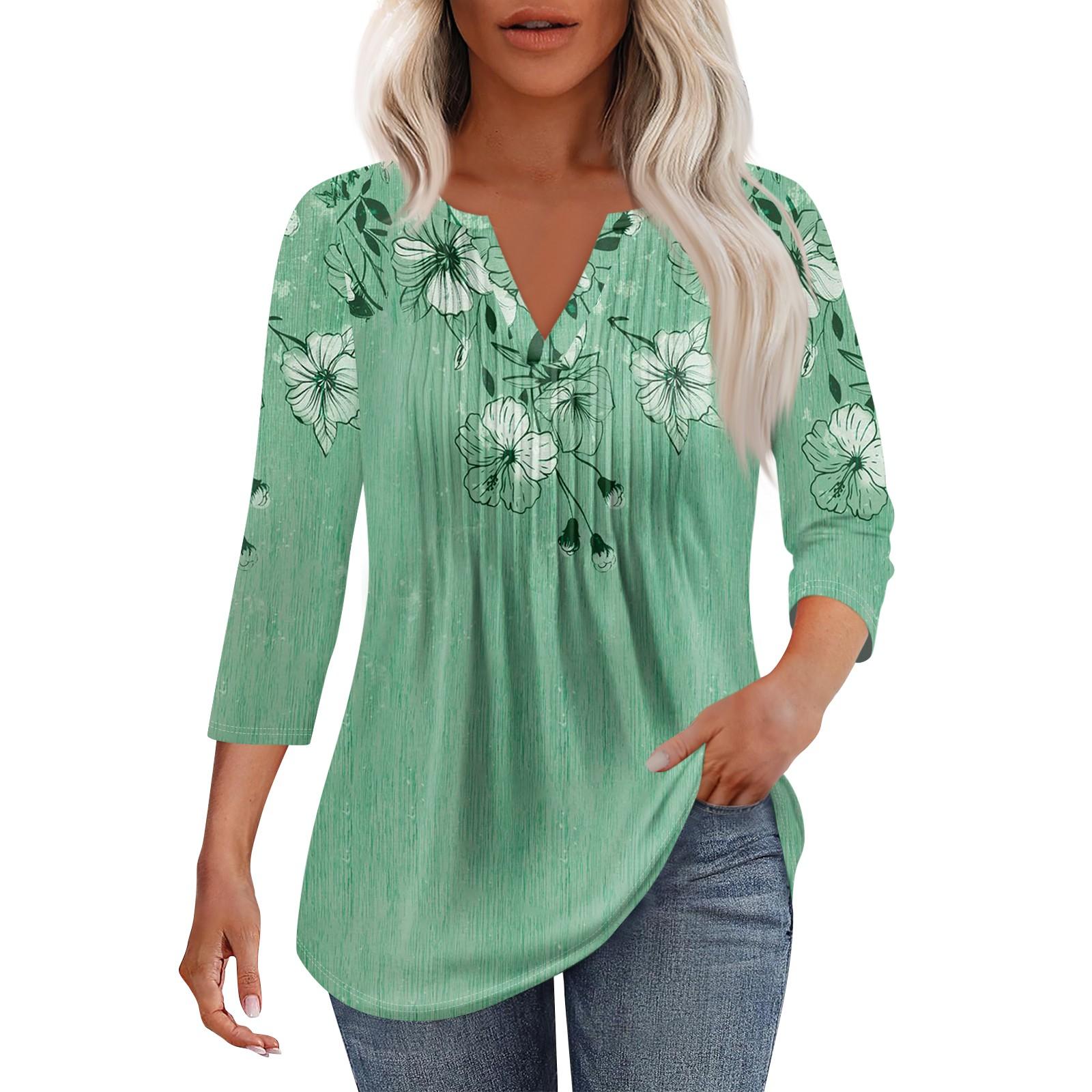 

Жіноча модна повсякденна плісирована однотонна футболка з V-подібним вирізом і рукавами сім чвертей L зелений