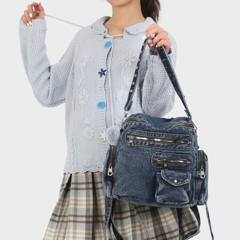 Vintage Denim Backpack Rivet Shoulder Bag Student Schoolbag Class Commuter Backpack