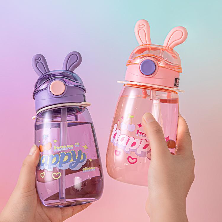 Water bottle 1011 creative children's plastic cup strap kettle kindergarten students cute water cup rabbit straw cup