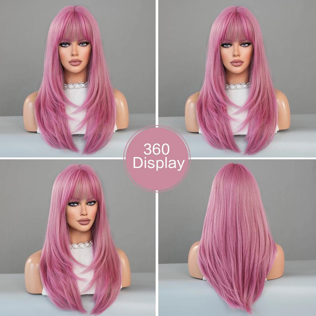 Profesionální Dlouhá Rovná Sakura Růžová Paruka pro Černošky Přírodní Syntetické Volné Vrstvené Vlasy Paruky s Ofinou Vysoká Hustota 26 Palců