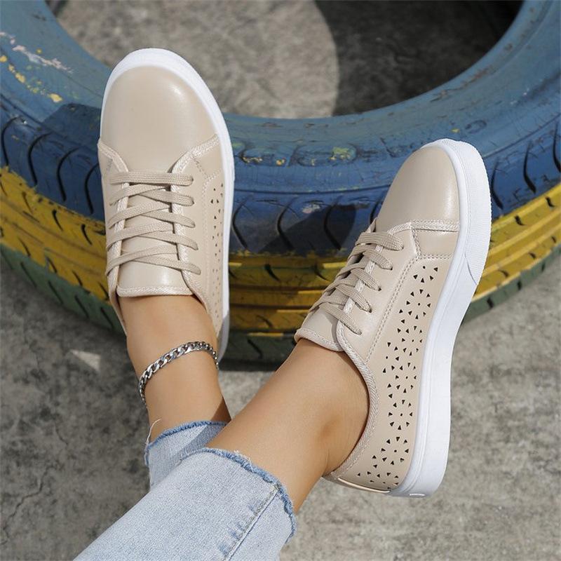 Mode Hollow Out Plateau-Sneakers Frau Herbst Rutschfeste Freizeitschuhe Damen Übergröße PU-Leder Schnürschuhe Flats