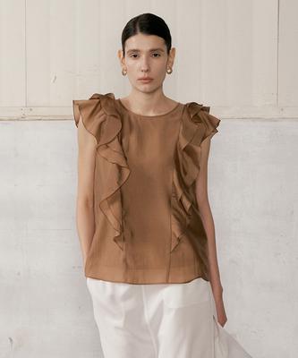 Baniseunyuyog 26Ss Scarlet Ruffle Sheer Blouse Brown