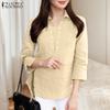 ZANZEA Women Turn Down Collar Solid Color Casual 3/4 Sleeve Blouse