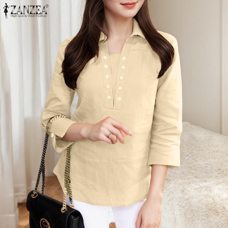 ZANZEA Women Turn Down Collar Solid Color Casual 3/4 Sleeve Blouse
