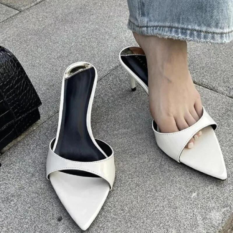 

Fashion Summer Slippers Women Patent Leather High Heels Women Pointed Toe Sandalias Female Dress Shoes Women sandalias de las mujeres 34 белый