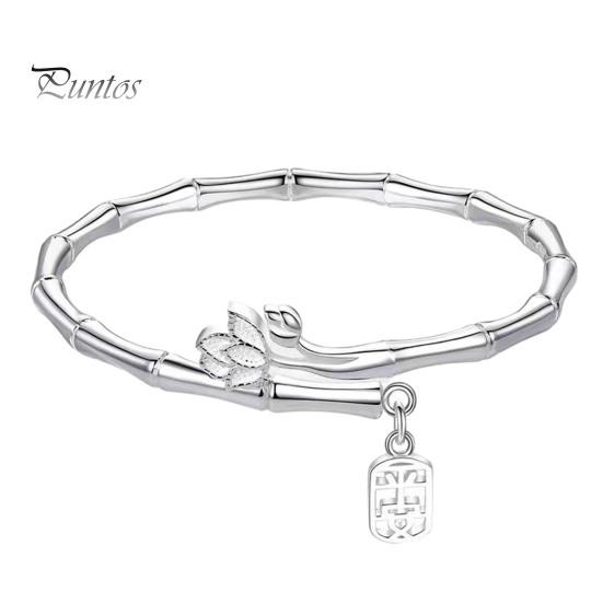 Flower Decor Women Bangle Chinese Character Pendant Adjustable Bamboo Shape Open Bracelet Jewelry Accessories