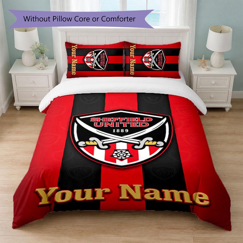 Sheffield United FC Individuelles Namens-Text Bettwäscheset 1 Bettbezug+2 Kissenbezüge Fußball-Logo Personalisierte Geschenkidee für besonderen Anlass Schlafzimmerdekoration