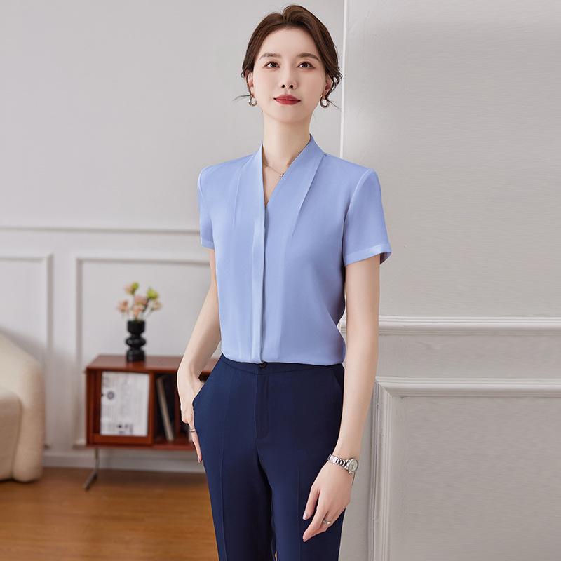 Women's High-End V-Neck Formal Shirt - Summer Professional Top for Teacher Interviews