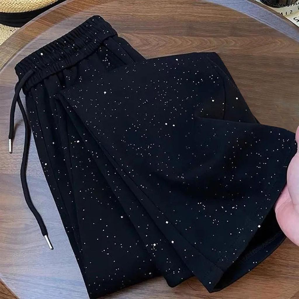 Pantaloni a vita alta a gamba larga in seta ghiacciata con motivo a stelle - Lunghezza fino al pavimento per uso casual/sportivo
