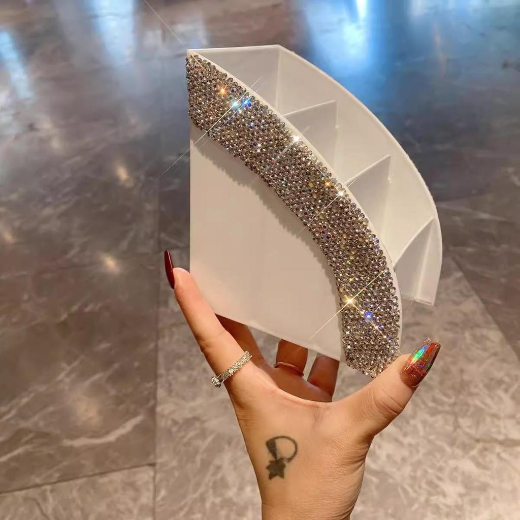 Luxury Makeup Brush & Remote Control Storage Box with Diamond Accents - Elegant Divided Organizer for Desktop or Office Use.