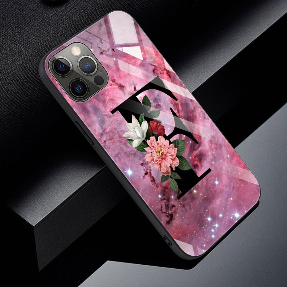Tempered Glass Case For iPhone 14 12 11 Pro Max 13 12 Mini X XR XS Max 8 7 6s Plus Silicone Shell Letter A B Flowers Pink
