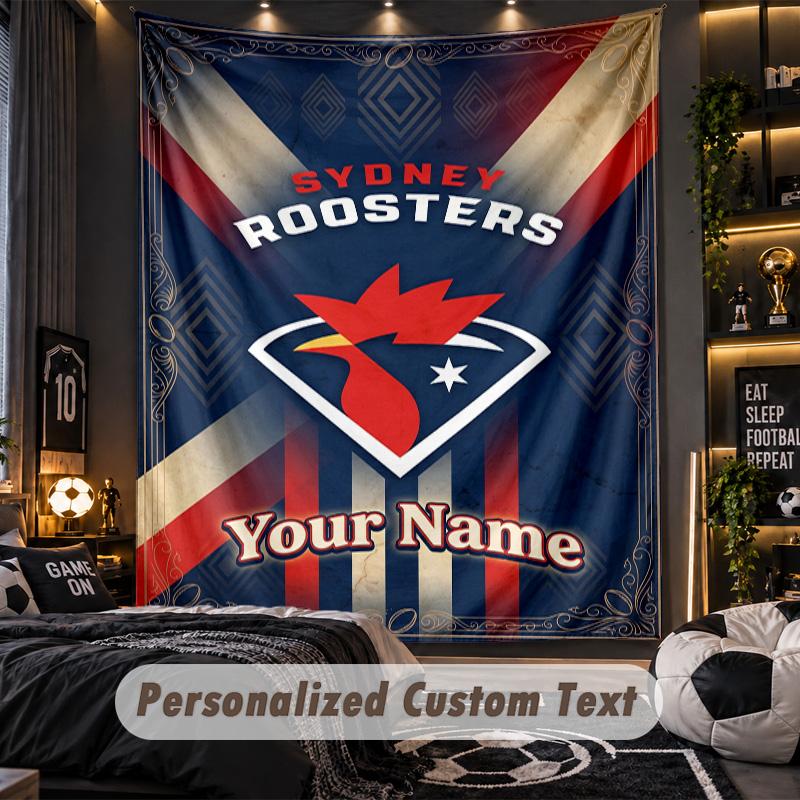 TapestrySydney Roosters Custom Name Text Personalized Wall Hanging Tapestry Home Wall Decor