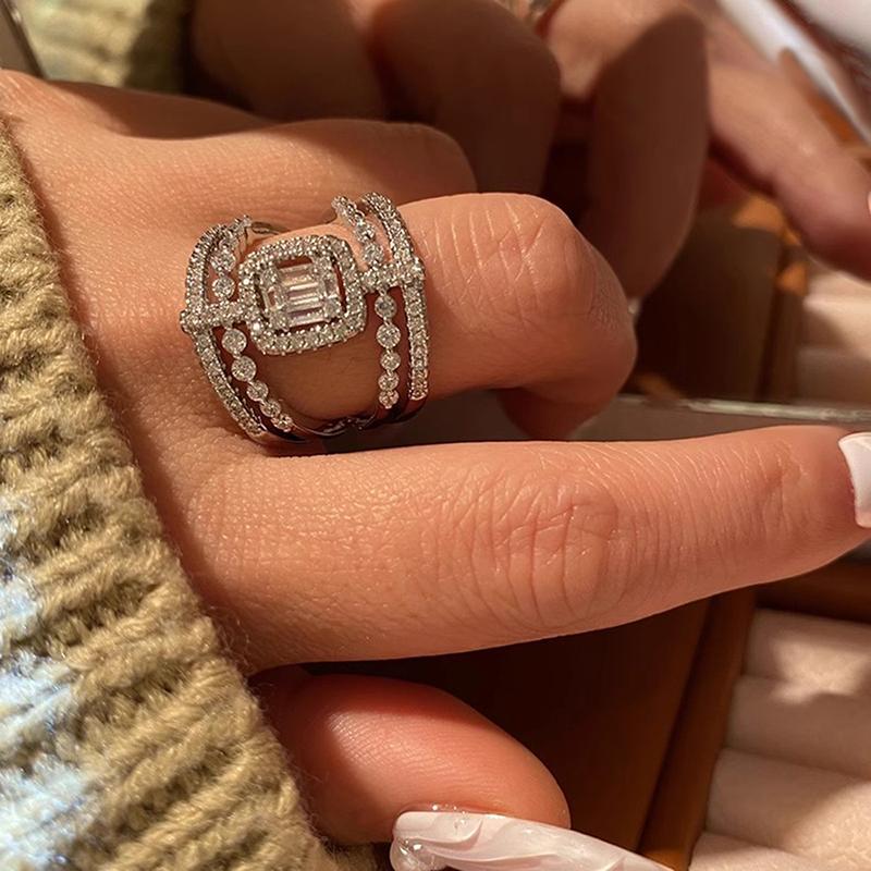 Gorgeous Wide Ring Female Silver Color Brilliant CZ Finger Jewelry for Wedding Party Luxury Women Anniversary Accessories