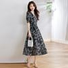 European Station Fashion Printing Temperament Elegant Long Skirt Summer New V-Neck Short Sleeve Waist Dress Women