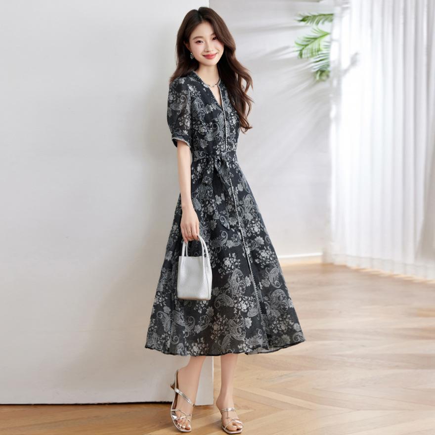 European Station Fashion Printing Temperament Elegant Long Skirt Summer New V-Neck Short Sleeve Waist Dress Women
