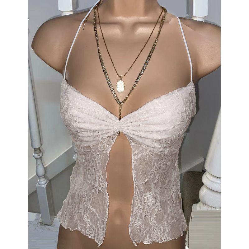 

Кружевной жилет Летний Новинка Сборчатый Кружевной Разрез Халтернек Маленький Жилет Женская Одежда Сексуальный Сетчатый Топ, Открывающий Живот White L